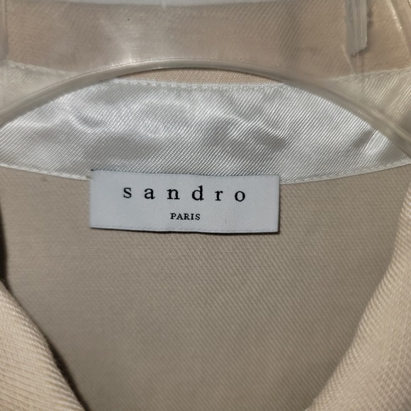 Sandro Paris Beige Cotton-Linen Belted Puff Sleeve Dress Sz4 Quiet Luxury Preppy - Picture 10 of 13